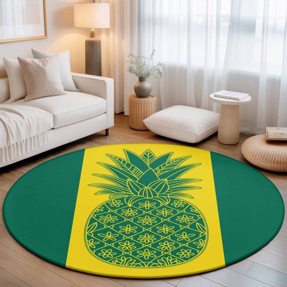 Round Rug 3ft Area Rug, Yellow and Green Pineapple Area Rugs for Living Room Bedroom, Summer Tropical Fruit Floor Mat Non-Slip Non-Shedding Carpet Indoor Accent Rugs