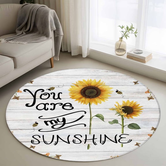 Round Rug 3ft Area Rug,You Are My Sunshine Words on Farm Wood Area Rugs for Living Room Bedroom,Sunflowers Bees Floor Mat Non-Slip Non-Shedding Carpet Indoor Accent Rugs