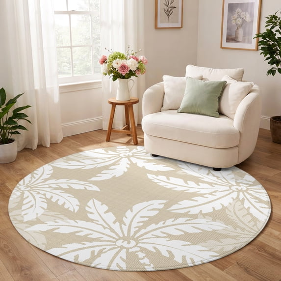 Tressv Exploding Round Rug 3ft, Beige Palm Trees Low Pile Washable Rugs for Bathroom ...