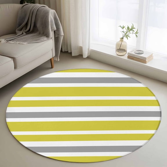 Round Rug 3ft Olive Green Grey White Striped Washable Area Rugs for Living Room Bedroom Entryway Non Slip Entrance Door Mat Indoor Floor Carpet Simplistic Line