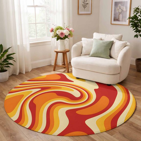 Round Rug 3ft, Orange Yellow Low Pile Washable Rugs for Bathroom, Playroom, Doorway, Modern Ombre Abstract Art Non-Slip Area Rugs, Indoor Floor Carpet