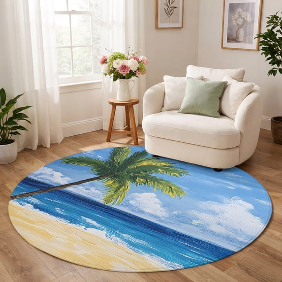 Round Rug 3ft, Palm Tree Beach Low Pile Washable Rugs for Bathroom ...
