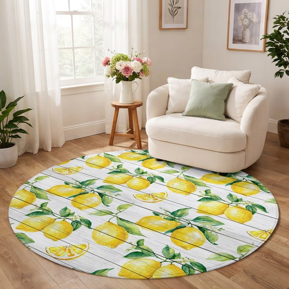 Round Rug 3ft, Summer Lemon Low Pile Washable Rugs for Bathroom ...