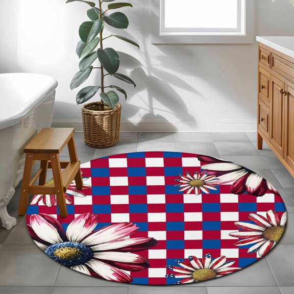 Round Rug 4Ft, 4th of July Daisy USA Flag Flower Soft Non-Slip Washable Felt Carpet Pad, Red Buffalo Plaid Area Rugs for Living Room Bedroom Kids Room