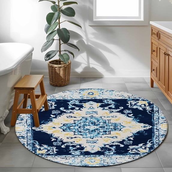 Round Rug 4Ft, Abstract Ethnic Blue Totem Soft Non-Slip Washable Felt Carpet Pad, Vintage Bohemian Floral Area Rugs for Living Room Bedroom Kids Room