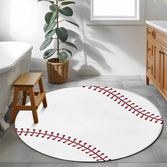Round Rug 4Ft, Baseball Sports Texture Soft Non-Slip Washable Felt Carpet Pad, White Red Lines Area Rugs for Living Room Bedroom Kids Room