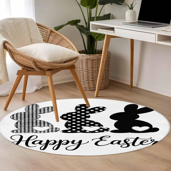Round Rug 4Ft, Black White Buffalo Plaid Polka Dots Carrot Soft Non-Slip Washable Felt Carpet Pad, Happ Easter Area Rugs for Living Room Bedroom Kids Room