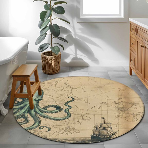 Round Rug 4Ft, Vintage World Map Ocean Octopus Soft Non-Slip Washable Felt Carpet Pad, Nautical Sailing Boat Brown Area Rugs for Living Room Bedroom Kids Room