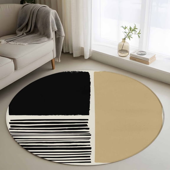 Round Rug 4Ft Washable Non-Slip, Beige Circle Area Rugs for Living Room Bedroom, Modern Abstract Art Farmhouse Striped Indoor Floor Mats Carpet Runner for Home Decor Aesthetic