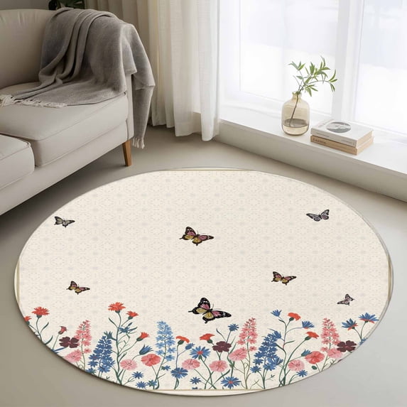Round Rug 4Ft Washable Non-Slip, Beige Spring Floral Butterfly Circle Area Rugs for Living Room Bedroom, Farmhouse Flowers Botanical Indoor Floor Mats Carpet Runner for Home Decor Aesthetic