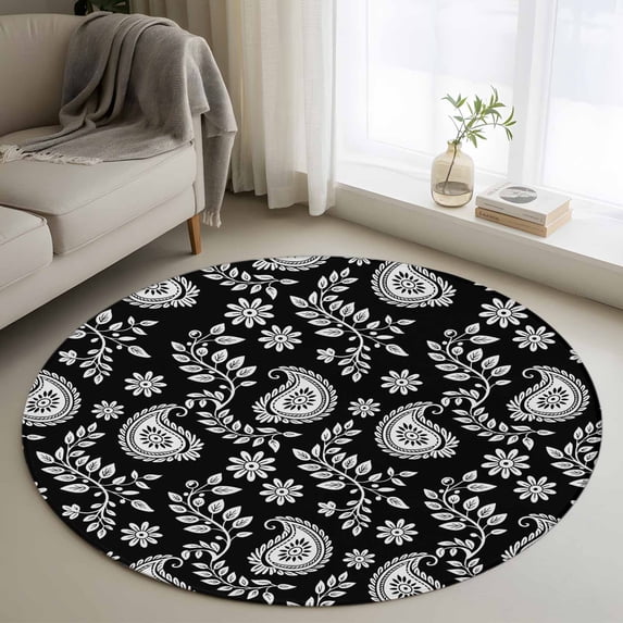 Round Rug 4Ft Washable Non-Slip, Black Paisley Circle Area Rugs for Living Room Bedroom, Ethnic Vintage Floral Botanical Abstract Indoor Floor Mats Carpet Runner for Home Decor Aesthetic