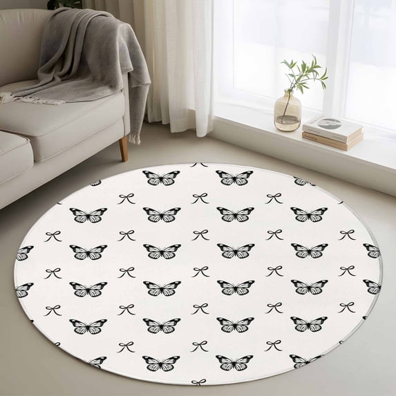 Round Rug 4Ft Washable Non-Slip, Black Spring Butterfly Circle Area Rugs for Living Room Bedroom, Bow Knot Indoor Floor Mats Carpet Runner for Home Decor Aesthetic