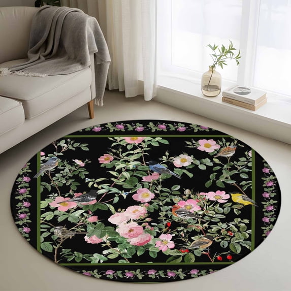 Round Rug 4Ft Washable Non-Slip, Black Spring Floral Circle Area Rugs for Living Room Bedroom, Elegant Pastoral Flowers Birds Watercolor Indoor Floor Mats Carpet Runner for Home Decor Aesthetic