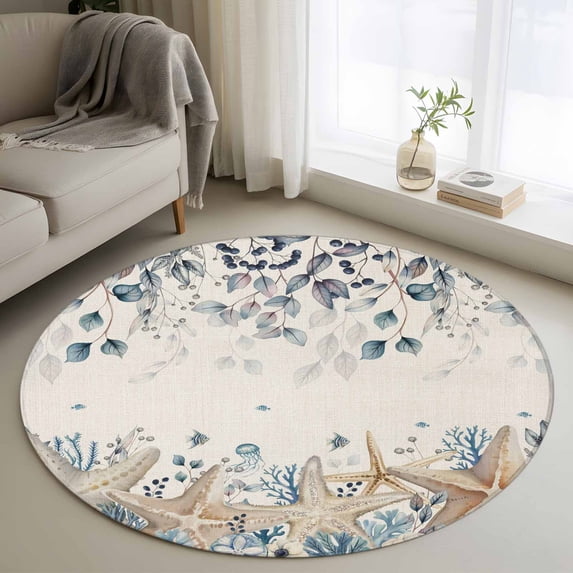 Round Rug 4Ft Washable Non-Slip, Blue Beige Coastal Circle Area Rugs for Living Room Bedroom, Beach Starfish Summer Eucalyptus Rustic Indoor Floor Mats Carpet Runner for Home Decor Aesthetic