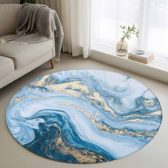 Round Rug 4Ft Washable Non-Slip, Blue Gold Marble Circle Area Rugs for Living Room Bedroom, Vintage Abstract Geometric Gradient Indoor Floor Mats Carpet Runner for Home Decor Aesthetic