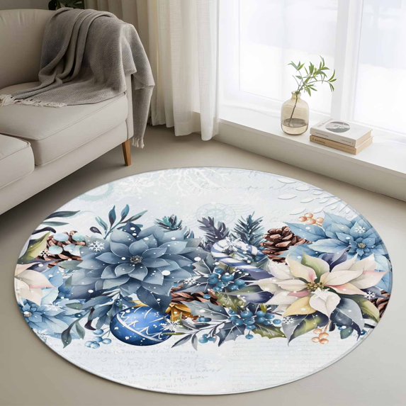 Round Rug 4Ft Washable Non-Slip, Blue Poinsettia Christmas Circle Area Rugs for Living Room Bedroom, Xmas Botanical Balls Snowflake Indoor Floor Mats Carpet Runner for Home Decor Aesthetic