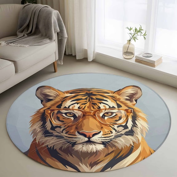 Round Rug 4Ft Washable Non-Slip, Blue Tiger Circle Area Rugs for Living Room Bedroom, Funny Animals Modern Art Indoor Floor Mats Carpet Runner for Home Decor Aesthetic