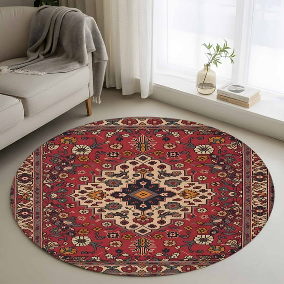 Round Rug 4Ft Washable Non-Slip, Boho Southwest Circle Area Rugs for Living Room Bedroom, Vintage Farmhouse Ethnic Aztec Tribe Art Indoor Floor Mats Carpet Runner for Home Decor Aesthetic