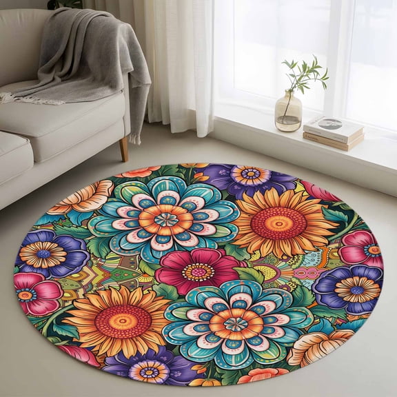 Round Rug 4Ft Washable Non-Slip, Boho Teal Flower Circle Area Rugs for Living Room Bedroom, Spring Bohemia Chic Red Yellow Floral Indoor Floor Mats Carpet Runner for Home Decor Aesthetic