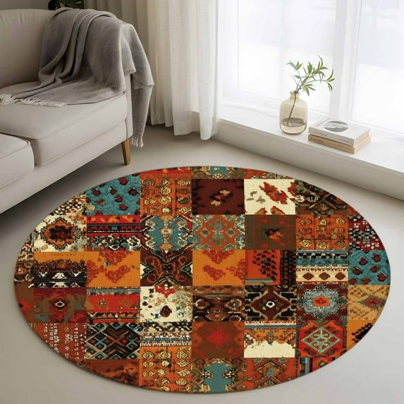 Round Rug 4Ft Washable Non-Slip, Boho Vintage Circle Area Rugs for Living Room Bedroom, Brown Ethnic Middle Century Geometric Indoor Floor Mats Carpet Runner for Home Decor Aesthetic