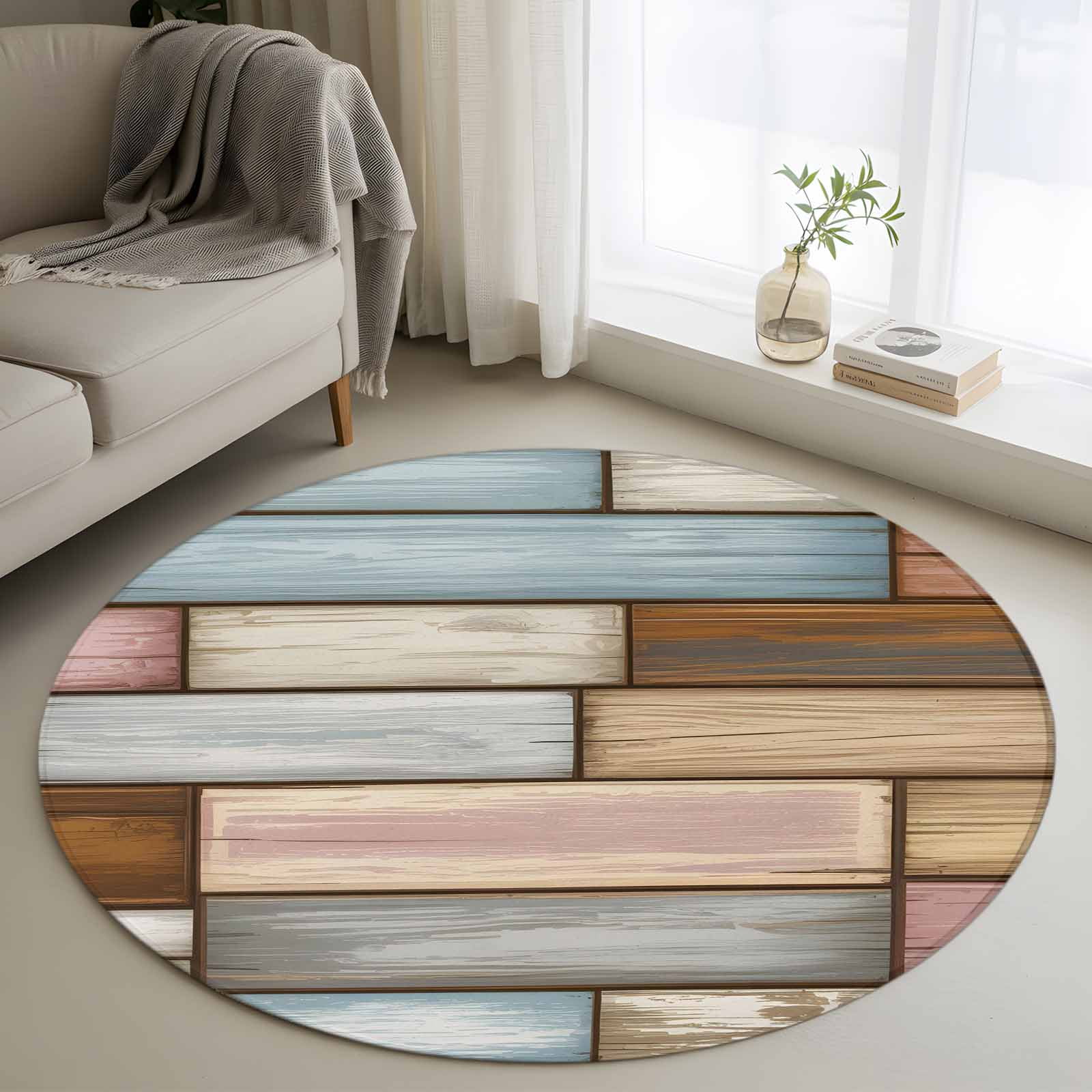 Round Rug 4Ft Washable Non-Slip, Brown Pink Vintage Circle Area Rugs for Living Room Bedroom, Retro Farmhouse Elegant Pastoral Indoor Floor Mats Carpet Runner for Home Decor Aesthetic
