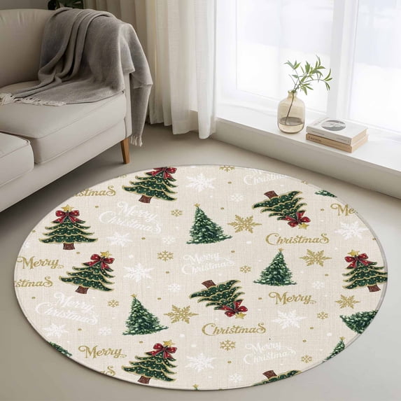 Round Rug 4Ft Washable Non-Slip, Christmas Circle Area Rugs for Living Room Bedroom, Winter Pine Tree Gold White Xmas Snowflakes Indoor Floor Mats Carpet Runner for Home Decor Aesthetic