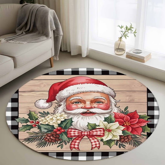 Round Rug 4Ft Washable Non-Slip, Christmas Circle Area Rugs for Living Room Bedroom, Winter Santa Claus Poinsettia Wooden Plaid Indoor Floor Mats Carpet Runner for Home Decor Aesthetic