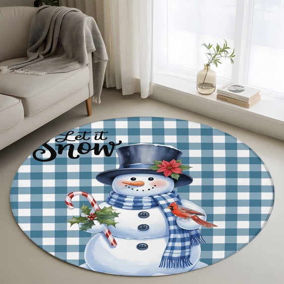 Round Rug 4Ft Washable Non-Slip, Christmas Circle Area Rugs for Living Room Bedroom, Winter Snowman Cardinal Poinsettia Plaid Indoor Floor Mats Carpet Runner for Home Decor Aesthetic