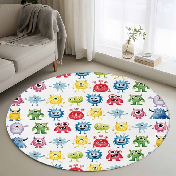Round Rug 4Ft Washable Non-Slip, Colorful Monsters Circle Area Rugs for Living Room Bedroom, Abstract Cartoon Cute Artistic Funny Indoor Floor Mats Carpet Runner for Home Decor Aesthetic