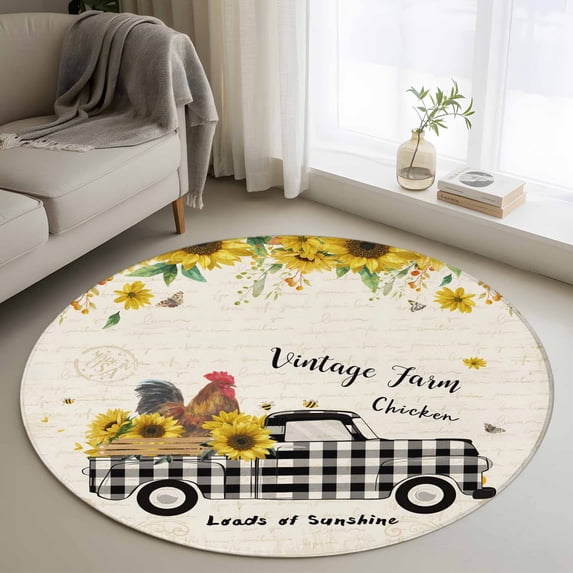 Round Rug 4Ft Washable Non-Slip, Country Kitchen Sunflowers Circle Area Rugs for Living Room Bedroom, Rustic Truck Vintage Farmhouse Indoor Floor Mats Carpet Runner for Home Decor Aesthetic