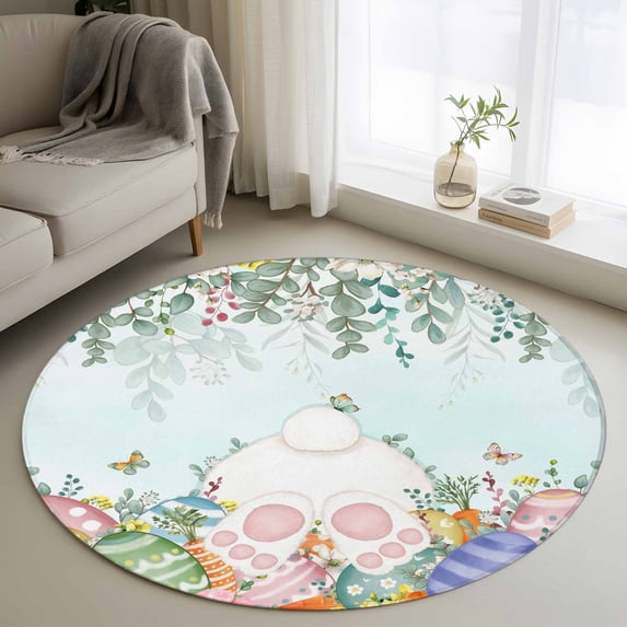 Round Rug 4Ft Washable Non-Slip, Cute Easter Bunny Circle Area Rugs for Living Room Bedroom, Eucalyptus Leaves Colorful Eggs Teal Indoor Floor Mats Carpet Runner for Home Decor Aesthetic