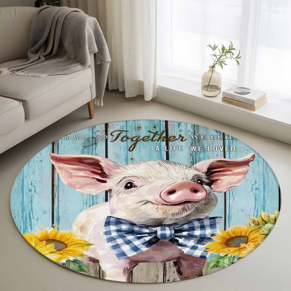 Round Rug 4Ft Washable Non-Slip, Cute Pig Circle Area Rugs for Living Room Bedroom, Yellow Sunflowers Blue Wooden Vintage Art Indoor Floor Mats Carpet Runner for Home Decor Aesthetic