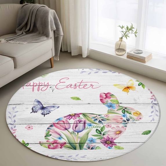 Round Rug 4Ft Washable Non-Slip, Easter Bunny Circle Area Rugs for Living Room Bedroom, Spring Flower Daisy Tulips Farmhouse Wood Plank Indoor Floor Mats Carpet Runner for Home Decor Aesthetic