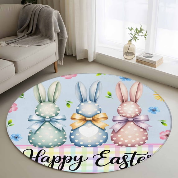 Round Rug 4Ft Washable Non-Slip, Easter Bunny Circle Area Rugs for Living Room Bedroom, Spring Watercolor Polka Dot Flower Plaid Blue Indoor Floor Mats Carpet Runner for Home Decor Aesthetic