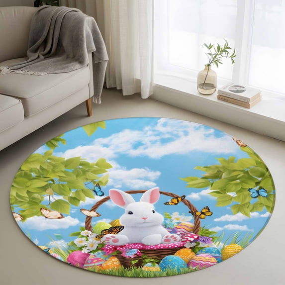 Round Rug 4Ft Washable Non-Slip, Easter Cartoon Bunny Circle Area Rugs for Living Room Bedroom, Colorful Eggs Spring Leaves Blue Sky Butterfly Indoor Floor Mats Carpet Runner for Home Decor Aesthetic