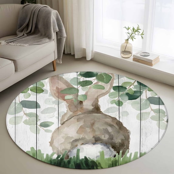 Round Rug 4Ft Washable Non-Slip, Easter Circle Area Rugs for Living Room Bedroom, Country Rabbit Botanical Leaves Wooden Grain Indoor Floor Mats Carpet Runner for Home Decor Aesthetic