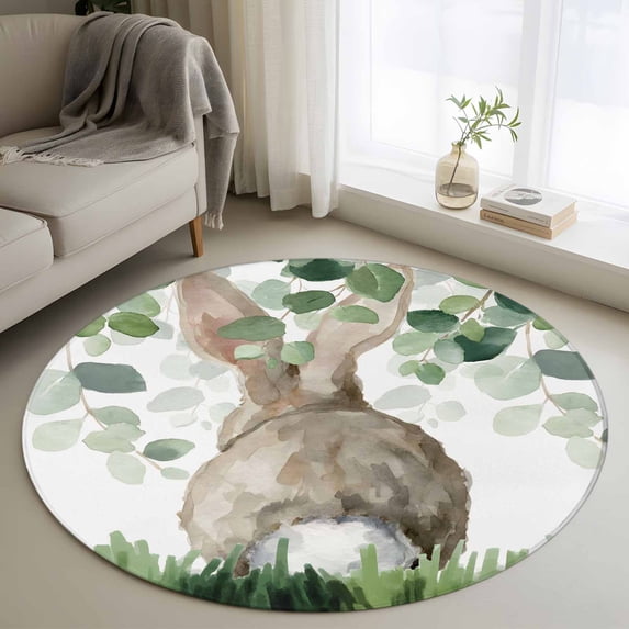 Round Rug 4Ft Washable Non-Slip, Easter Circle Area Rugs for Living Room Bedroom, Spring Bunny Botanical Eucalyptus Leaves Plants Indoor Floor Mats Carpet Runner for Home Decor Aesthetic