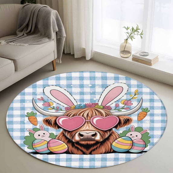 Round Rug 4Ft Washable Non-Slip, Easter Circle Area Rugs for Living Room Bedroom, Spring Bunny Cow Carrots Colorful Egg Blue Plaid Indoor Floor Mats Carpet Runner for Home Decor Aesthetic