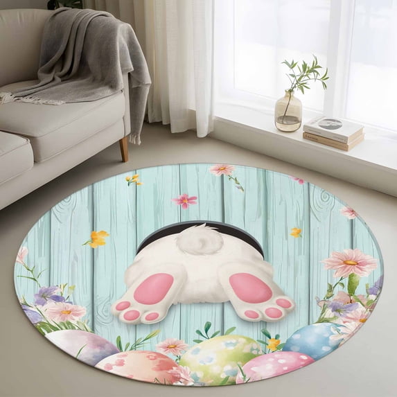 Round Rug 4Ft Washable Non-Slip, Easter Circle Area Rugs for Living Room Bedroom, Spring Rabbit Feet Eggs Flower Green Wooden Grain Indoor Floor Mats Carpet Runner for Home Decor Aesthetic