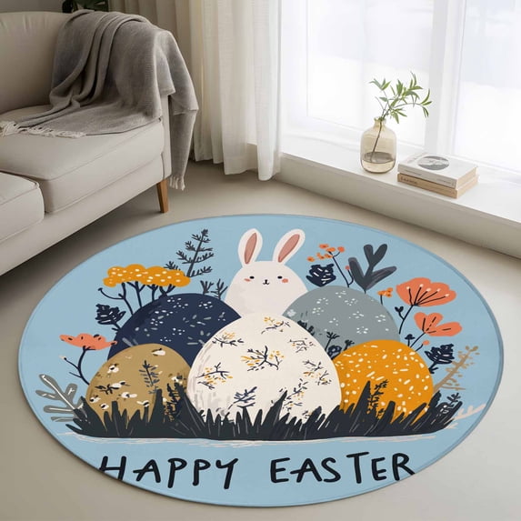 Round Rug 4Ft Washable Non-Slip, Easter Eggs Circle Area Rugs for Living Room Bedroom, Rabbit Spring Botanical Wildflowers Bunny Blue Indoor Floor Mats Carpet Runner for Home Decor Aesthetic