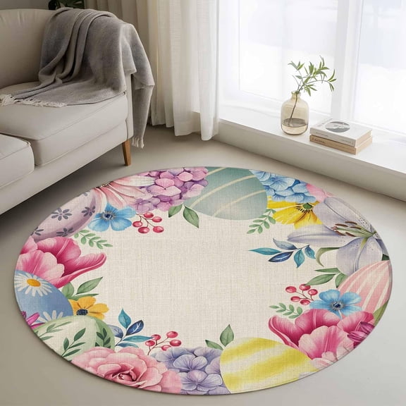 Round Rug 4Ft Washable Non-Slip, Easter Flowers Circle Area Rugs for Living Room Bedroom, Eggs Spring Floral Rustic Vintage Indoor Floor Mats Carpet Runner for Home Decor Aesthetic