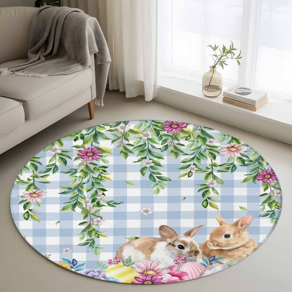 Round Rug 4Ft Washable Non-Slip, Easter Rabbits Circle Area Rugs for Living Room Bedroom, Spring Cute Bunny Eggs Flowers Leaf Blue Plaid Indoor Floor Mats Carpet Runner for Home Decor Aesthetic