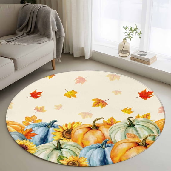 Round Rug 4Ft Washable Non-Slip, Fall Pumpkins Circle Area Rugs for Living Room Bedroom, Thanksgiving Autumn Maple Leaves Orange Indoor Floor Mats Carpet Runner for Home Decor Aesthetic