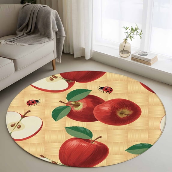 Round Rug 4Ft Washable Non-Slip, Farmhouse Apples Circle Area Rugs for Living Room Bedroom, Country Tropical Fruits Watercolor Indoor Floor Mats Carpet Runner for Home Decor Aesthetic