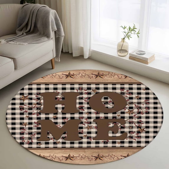 Round Rug 4Ft Washable Non-Slip, Farmhouse Circle Area Rugs for Living Room Bedroom, Vintage Country Texas Star Plaid Wooden Grain Indoor Floor Mats Carpet Runner for Home Decor Aesthetic