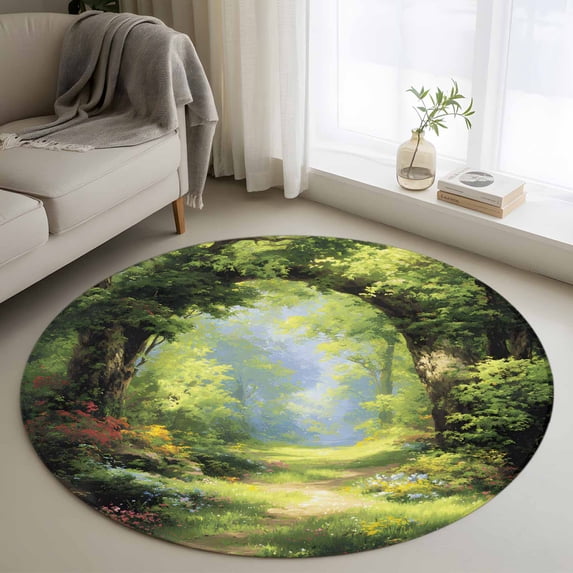 Round Rug 4Ft Washable Non-Slip, Forest Circle Area Rugs for Living Room Bedroom, Nature Woodland Spring Scenic Green Trees Flower Indoor Floor Mats Carpet Runner for Home Decor Aesthetic