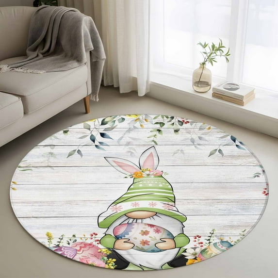 Round Rug 4Ft Washable Non-Slip, Gnomes Easter Circle Area Rugs for Living Room Bedroom, Eucalyptus Spring Floral Eggs Wooden Indoor Floor Mats Carpet Runner for Home Decor Aesthetic