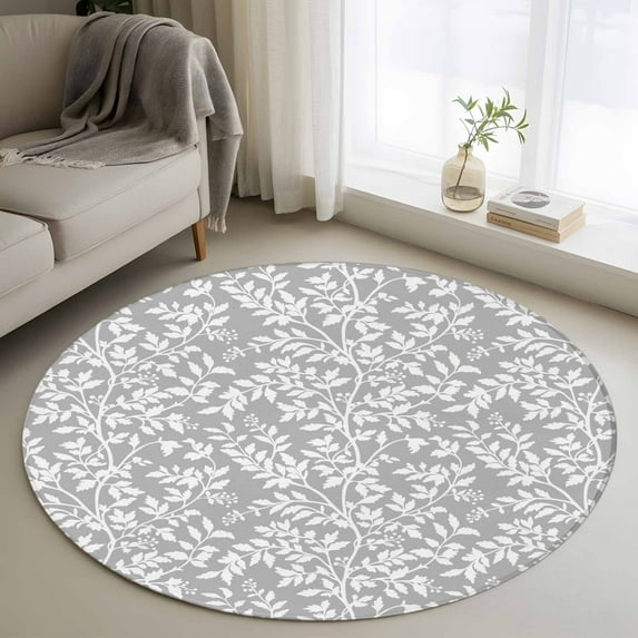 Round Rug 4Ft Washable Non-Slip, Grey Spring Floral Circle Area Rugs for Living Room Bedroom, Farmhouse Flowers Elegant Pastoral Indoor Floor Mats Carpet Runner for Home Decor Aesthetic