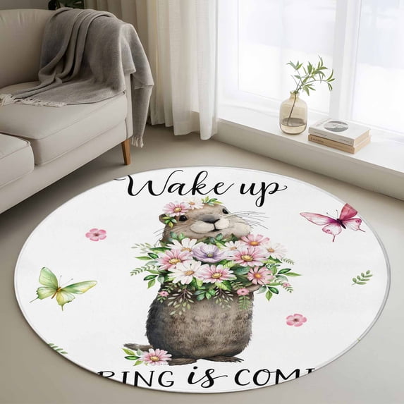 Round Rug 4Ft Washable Non-Slip, Groundhog Circle Area Rugs for Living Room Bedroom, Spring Floral Butterfly Botanical Indoor Floor Mats Carpet Runner for Home Decor Aesthetic
