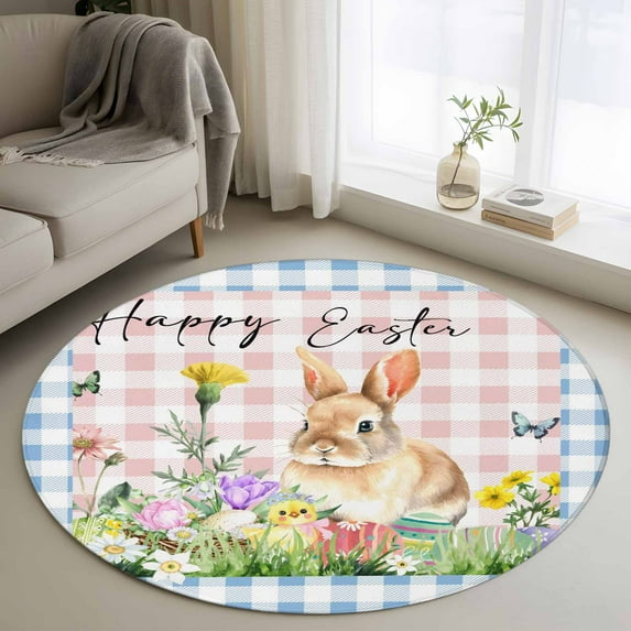 Round Rug 4Ft Washable Non-Slip, Happy Easter Bunny Circle Area Rugs for Living Room Bedroom, Spring Floral Pink Blue Plaid Indoor Floor Mats Carpet Runner for Home Decor Aesthetic